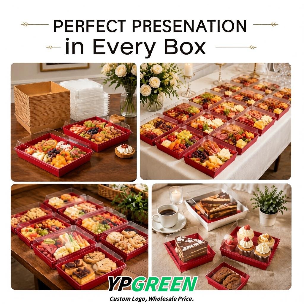 Brick Red Charcuterie Boxes with Clear Lids - 4 inches & 5 inches Disposable Paper Square Food Containers