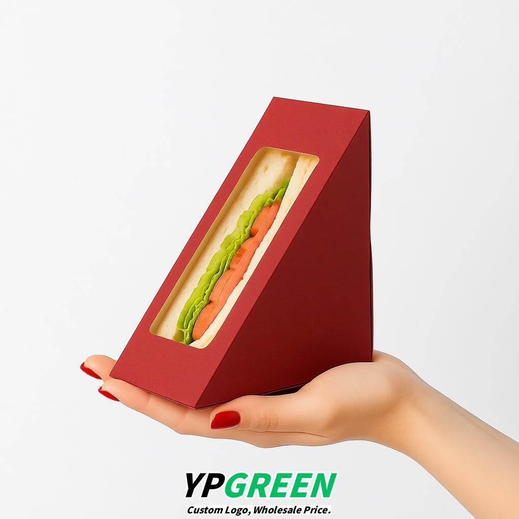 Brick Red Triangle Paper Sandwich Boxes with Window 4.7x4.7x2.6 Inch - Factory Direct
