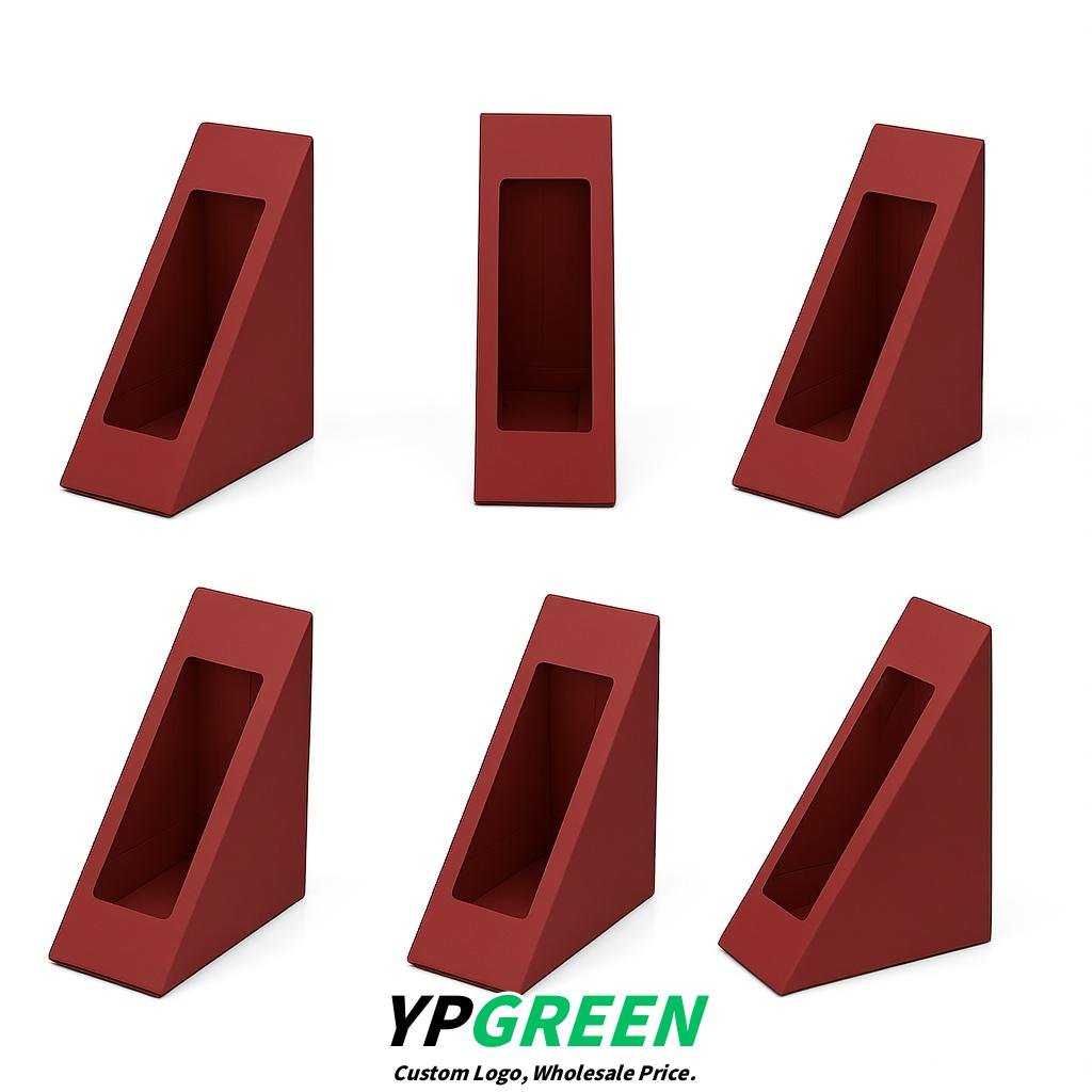 Brick Red Triangle Paper Sandwich Boxes with Window 4.7x4.7x2.6 Inch - Factory Direct