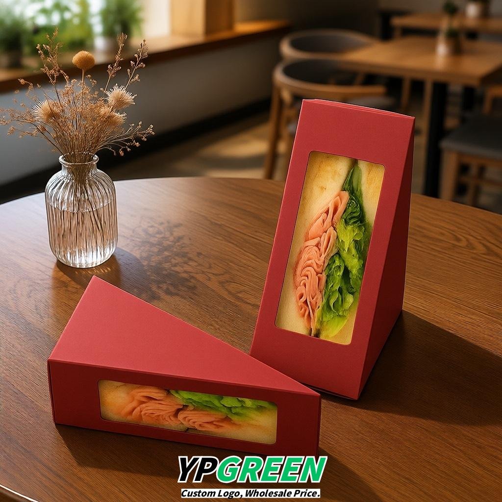 Brick Red Triangle Paper Sandwich Boxes with Window 4.7x4.7x2.6 Inch - Factory Direct