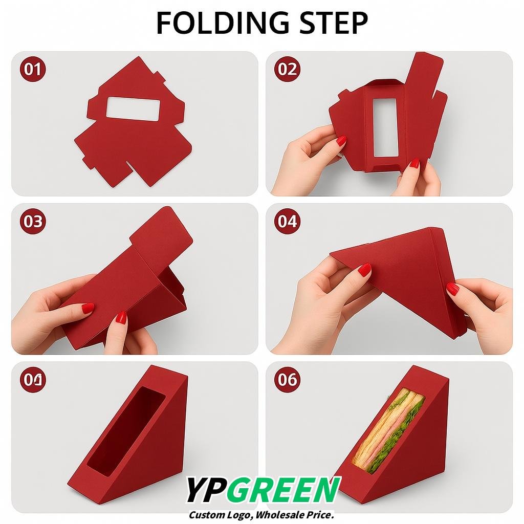 Brick Red Triangle Paper Sandwich Boxes with Window 4.7x4.7x2.6 Inch - Factory Direct