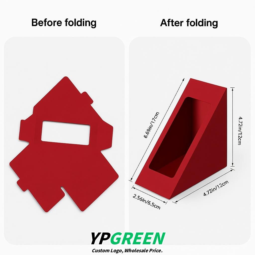 Brick Red Triangle Paper Sandwich Boxes with Window 4.7x4.7x2.6 Inch - Factory Direct
