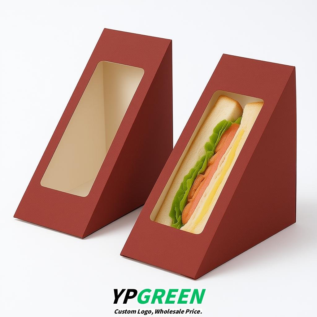 Brick Red Triangle Paper Sandwich Boxes with Window 4.7x4.7x2.6 Inch - Factory Direct