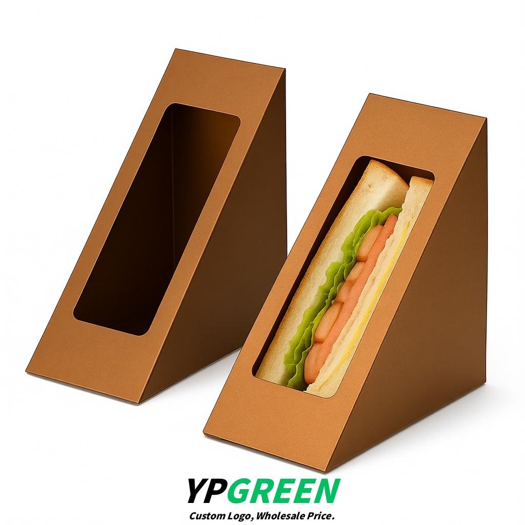 Bronze Triangle Paper Sandwich Boxes with Window 4.7x4.7x2.6 Inch - Factory Direct