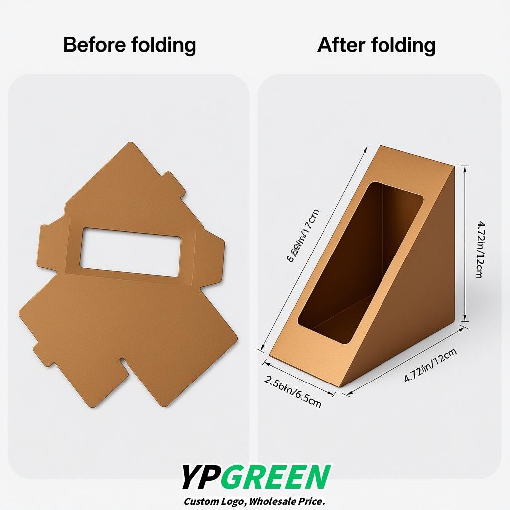 Bronze Triangle Paper Sandwich Boxes with Window 4.7x4.7x2.6 Inch - Factory Direct