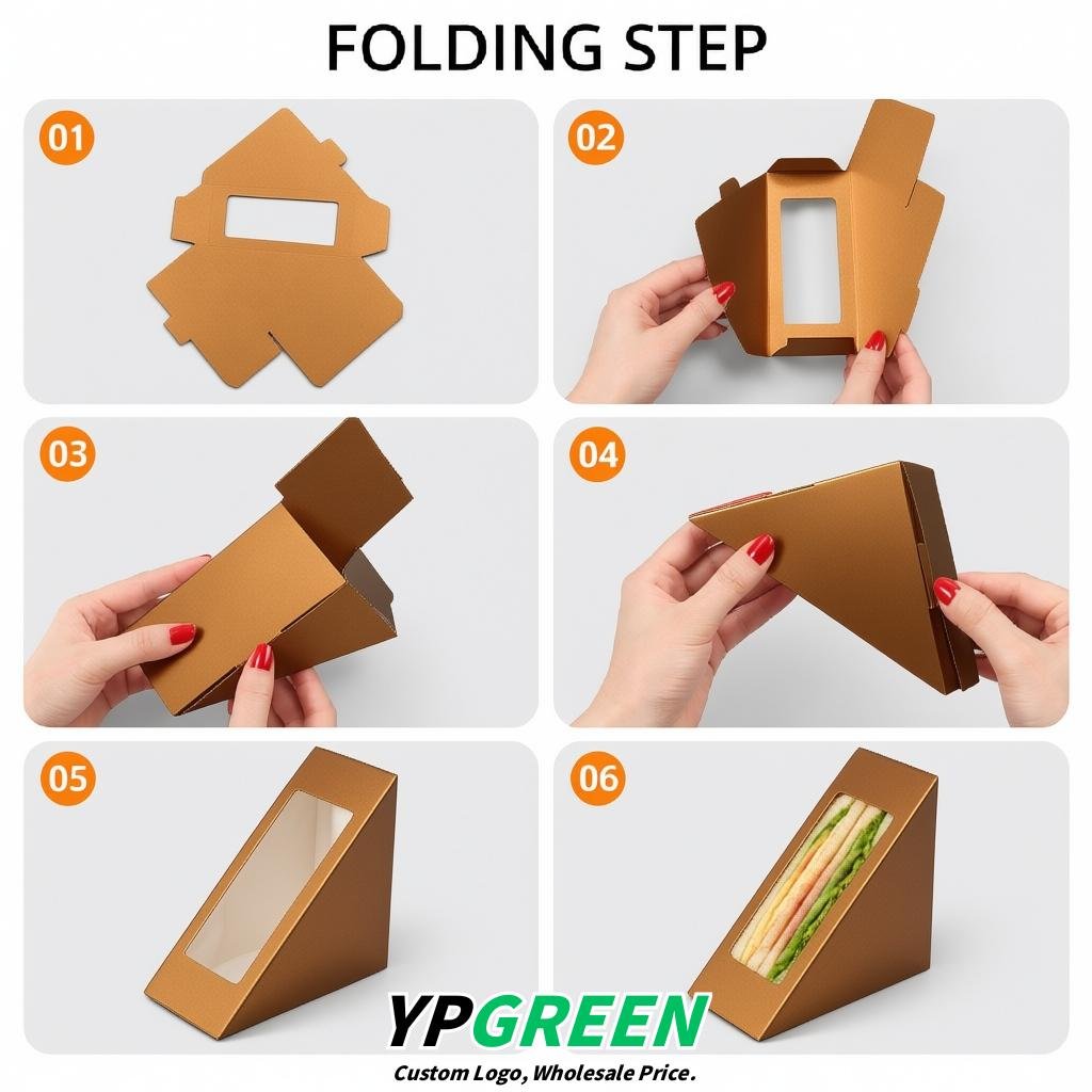 Bronze Triangle Paper Sandwich Boxes with Window 4.7x4.7x2.6 Inch - Factory Direct