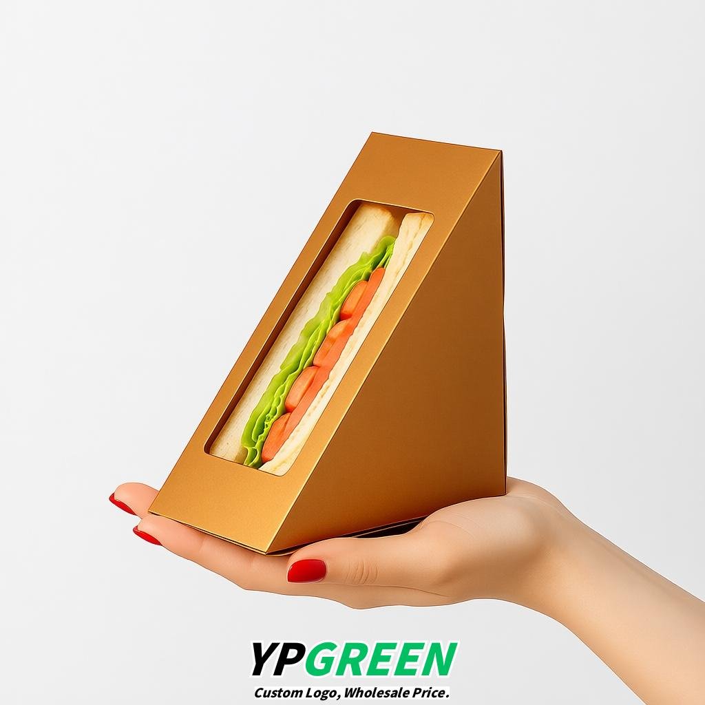 Bronze Triangle Paper Sandwich Boxes with Window 4.7x4.7x2.6 Inch - Factory Direct