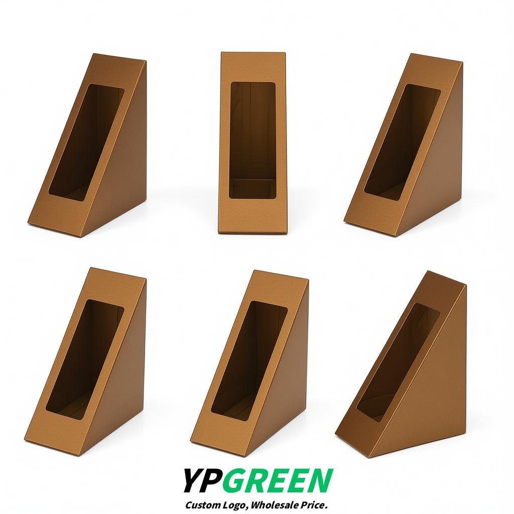 Bronze Triangle Paper Sandwich Boxes with Window 4.7x4.7x2.6 Inch - Factory Direct