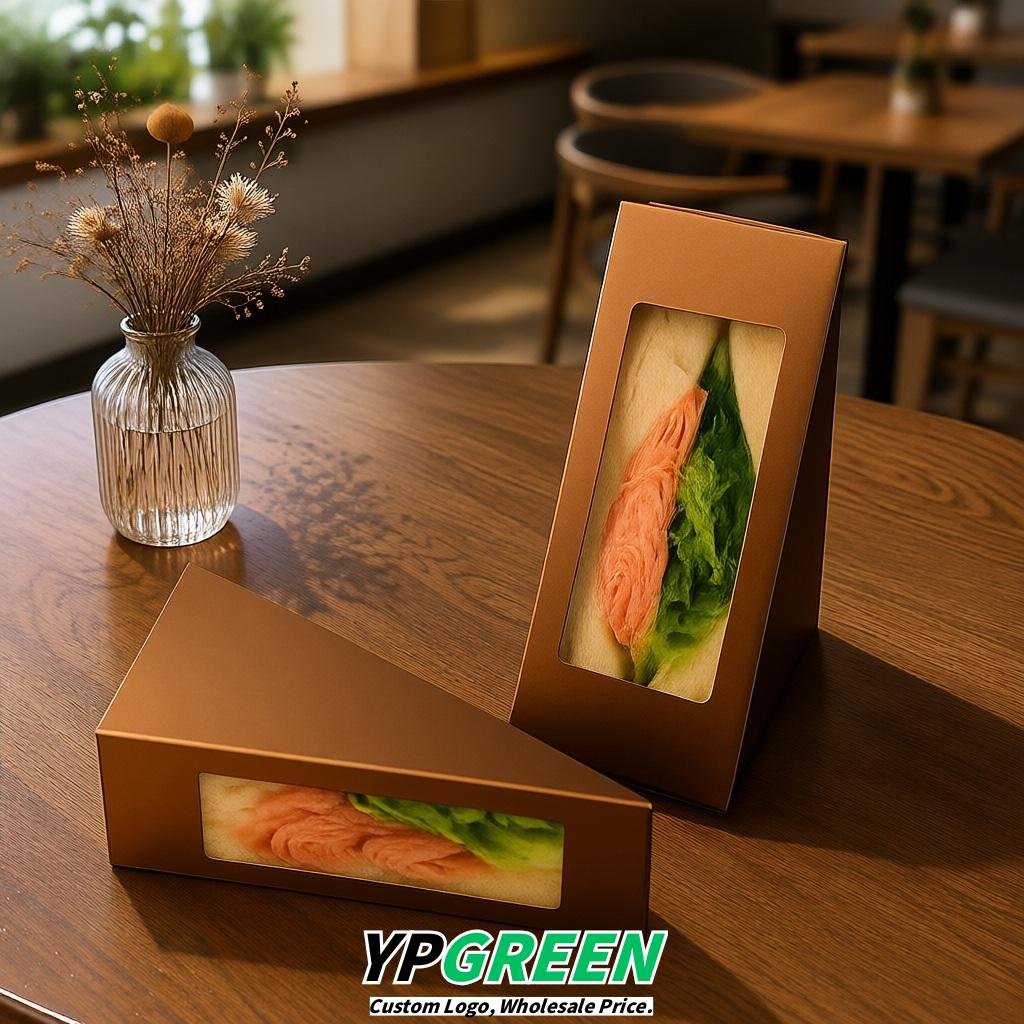 Bronze Triangle Paper Sandwich Boxes with Window 4.7x4.7x2.6 Inch - Factory Direct