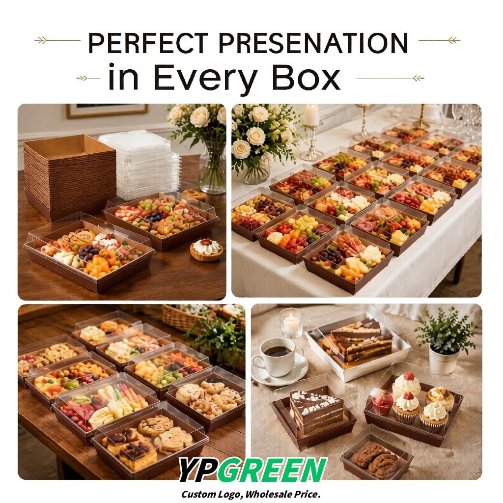Brown Charcuterie Boxes with Clear Lids - 4 inches & 5 inches Disposable Paper Square Food Containers