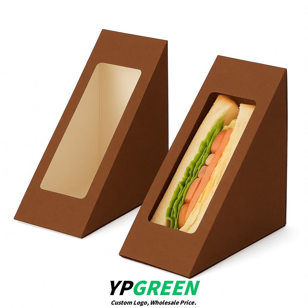 Brown Triangle Paper Sandwich Boxes with Window 4.7x4.7x2.6 Inch - Factory Direct