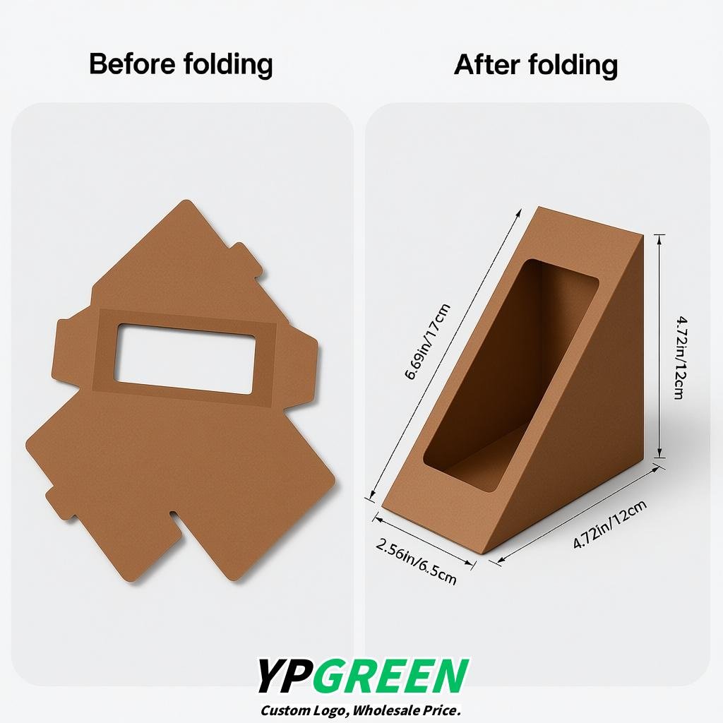 Brown Triangle Paper Sandwich Boxes with Window 4.7x4.7x2.6 Inch - Factory Direct