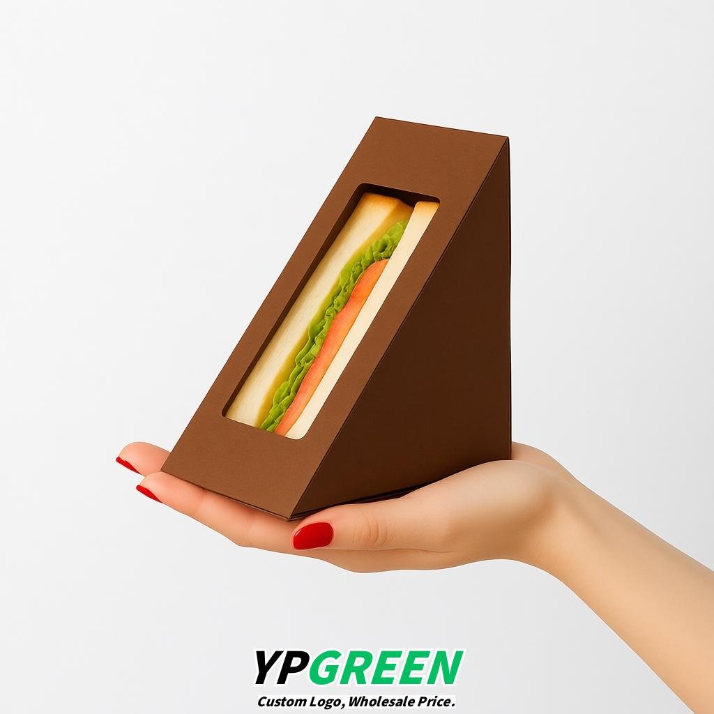 Brown Triangle Paper Sandwich Boxes with Window 4.7x4.7x2.6 Inch - Factory Direct