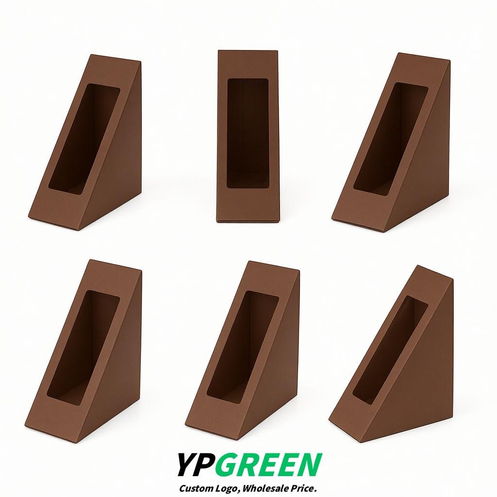 Brown Triangle Paper Sandwich Boxes with Window 4.7x4.7x2.6 Inch - Factory Direct