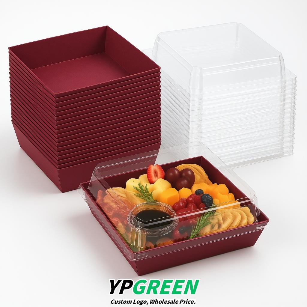 Burgundy Charcuterie Boxes with Clear Lids - 4 inches & 5 inches Disposable Paper Square Food Containers