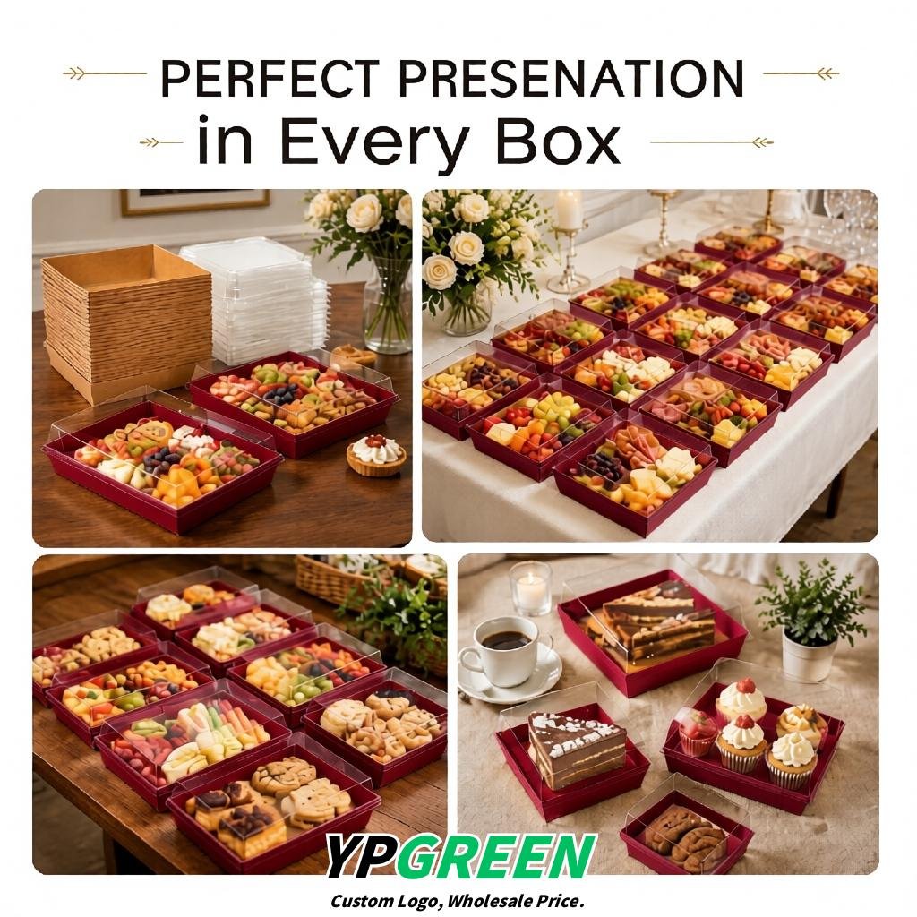 Burgundy Charcuterie Boxes with Clear Lids - 4 inches & 5 inches Disposable Paper Square Food Containers