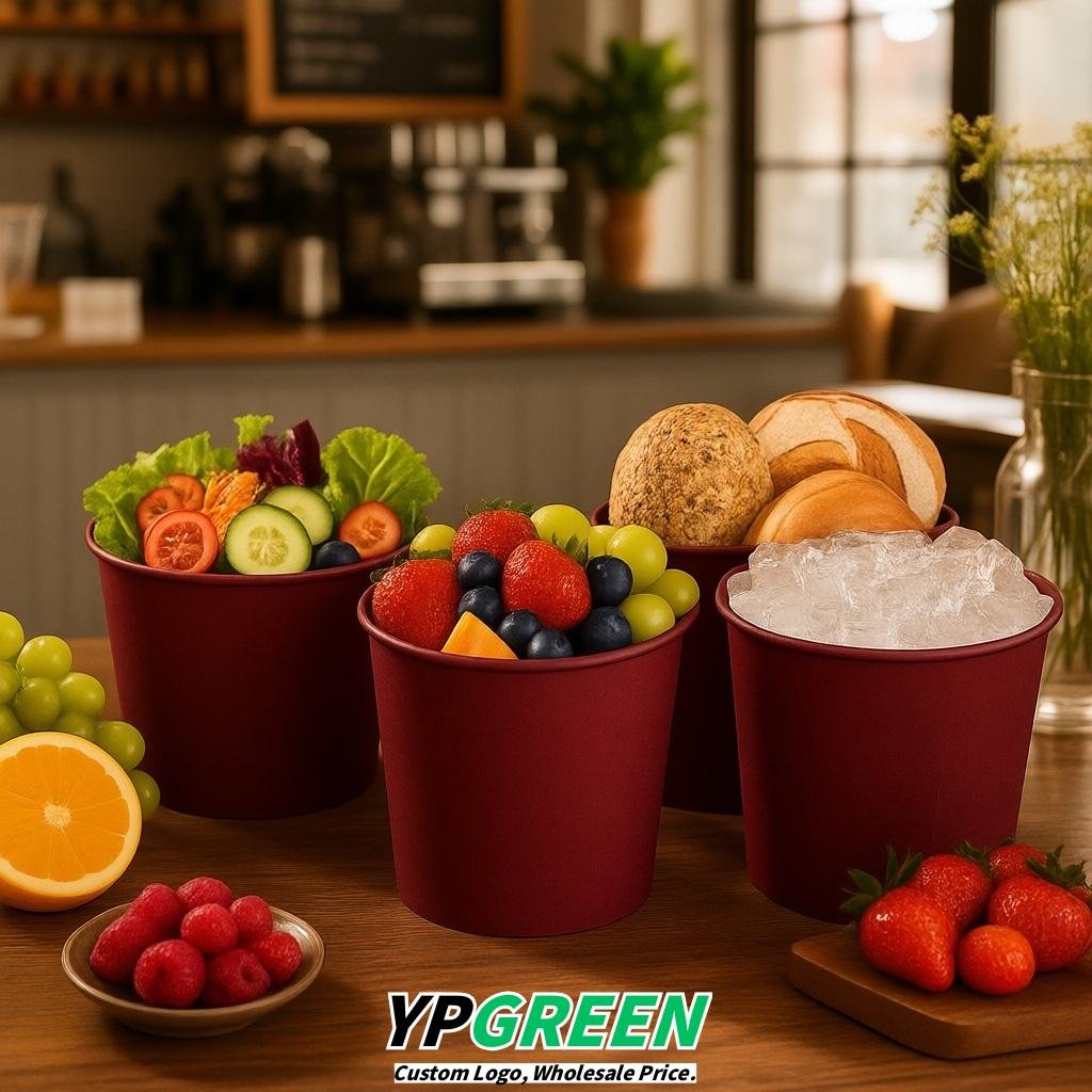 Burgundy 85 oz Paper Buckets 6.9x5.7x6.3 Inches Cardboard Food Container
