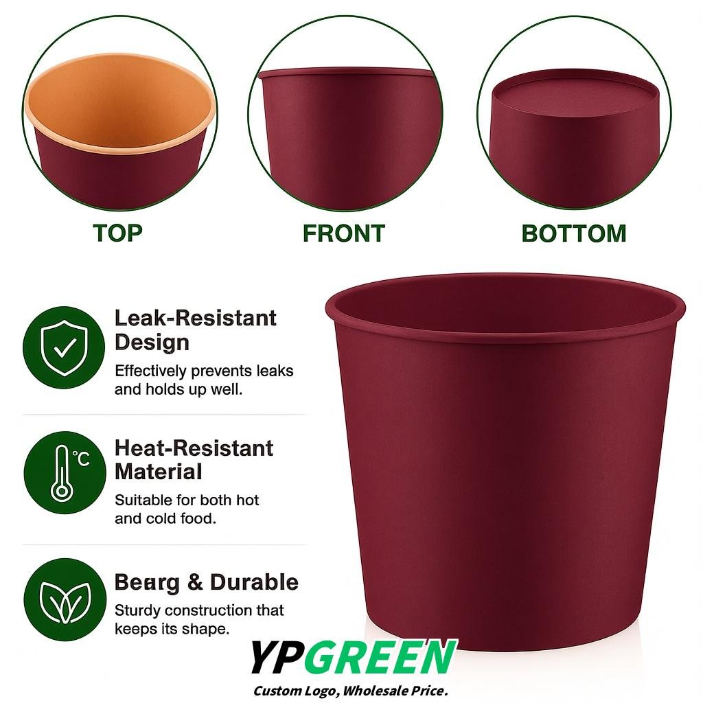 Burgundy 85 oz Paper Buckets 6.9x5.7x6.3 Inches Cardboard Food Container