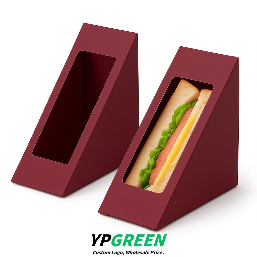 Burgundy Triangle Paper Sandwich Boxes with Window 4.7x4.7x2.6 Inch - Factory Direct