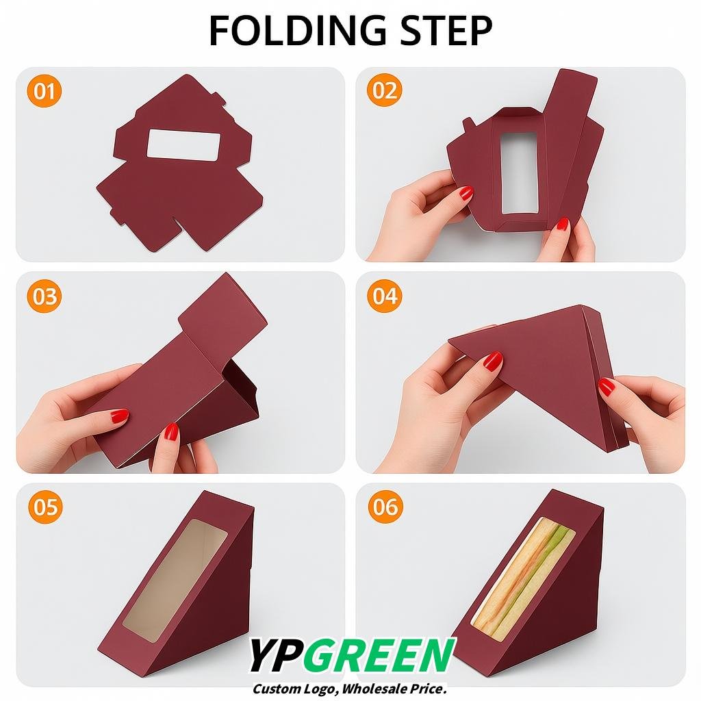 Burgundy Triangle Paper Sandwich Boxes with Window 4.7x4.7x2.6 Inch - Factory Direct
