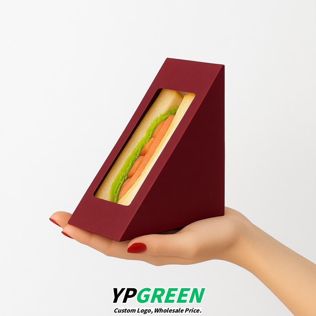 Burgundy Triangle Paper Sandwich Boxes with Window 4.7x4.7x2.6 Inch - Factory Direct