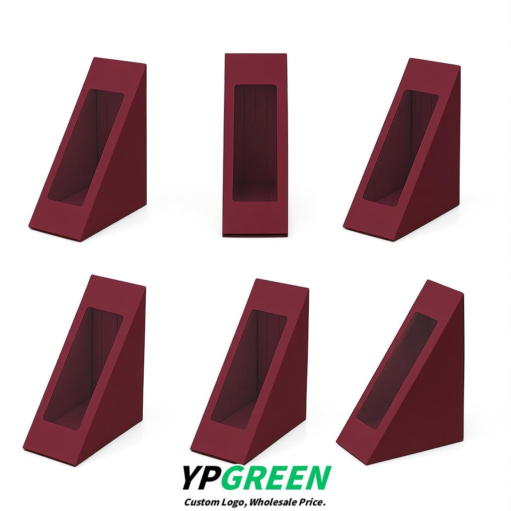 Burgundy Triangle Paper Sandwich Boxes with Window 4.7x4.7x2.6 Inch - Factory Direct
