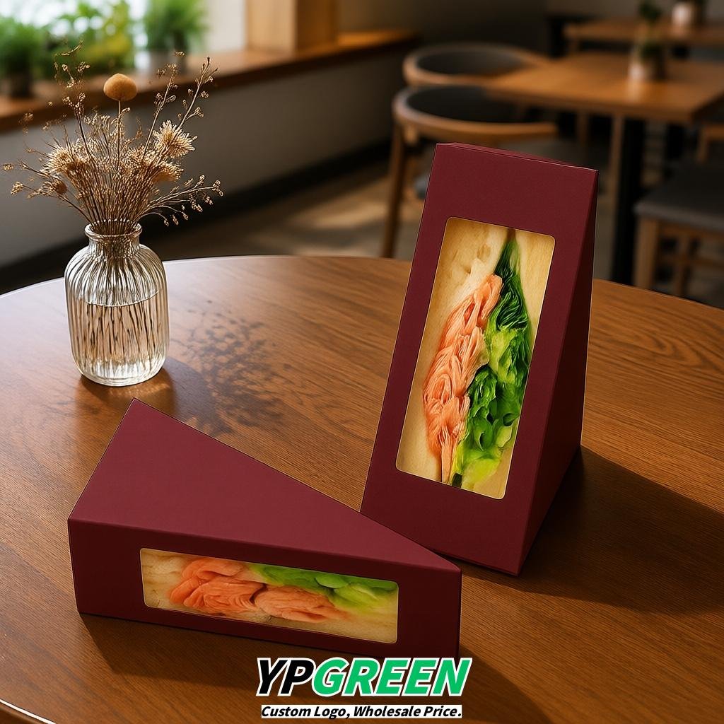 Burgundy Triangle Paper Sandwich Boxes with Window 4.7x4.7x2.6 Inch - Factory Direct
