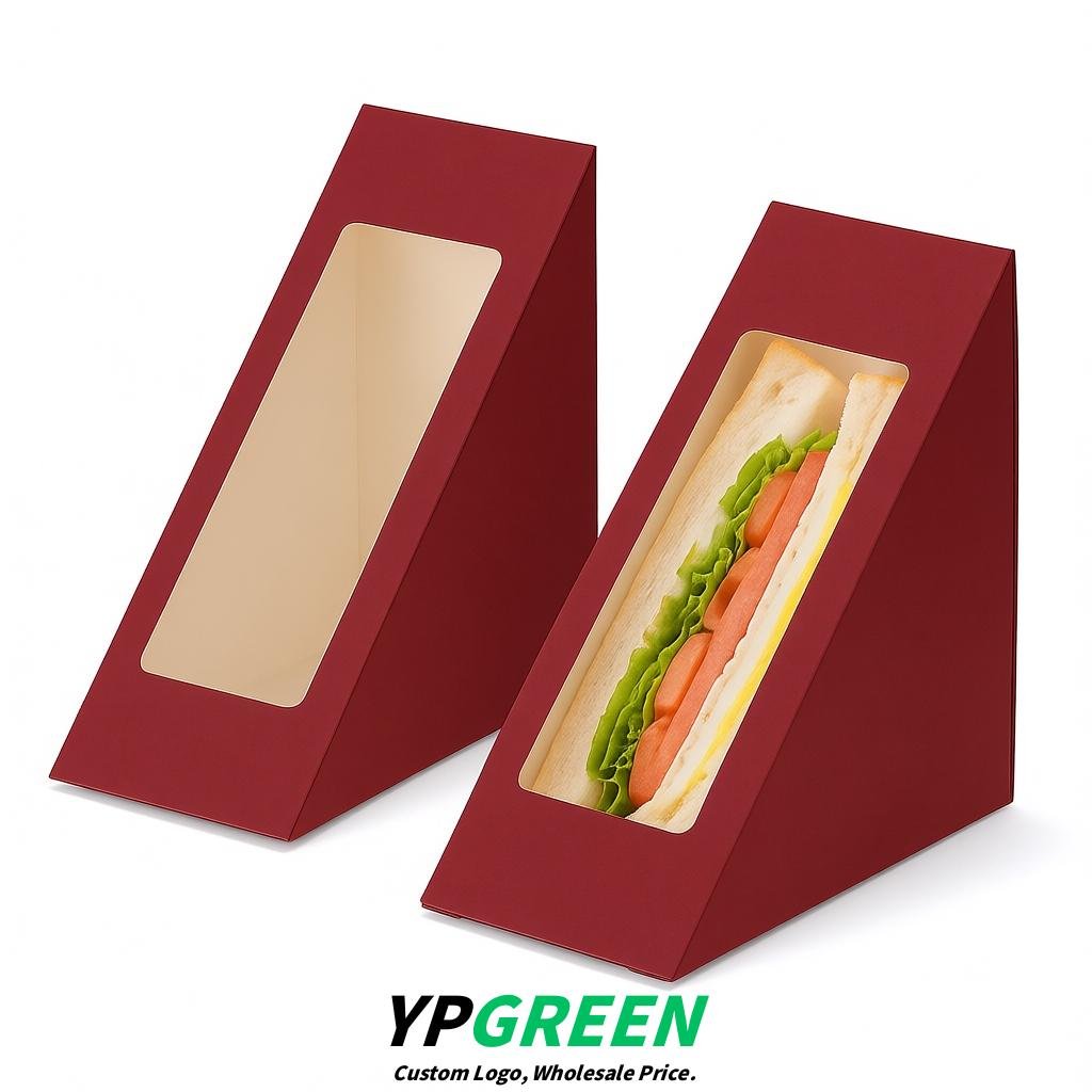 Carmine Triangle Paper Sandwich Boxes with Window 4.7x4.7x2.6 Inch - Factory Direct