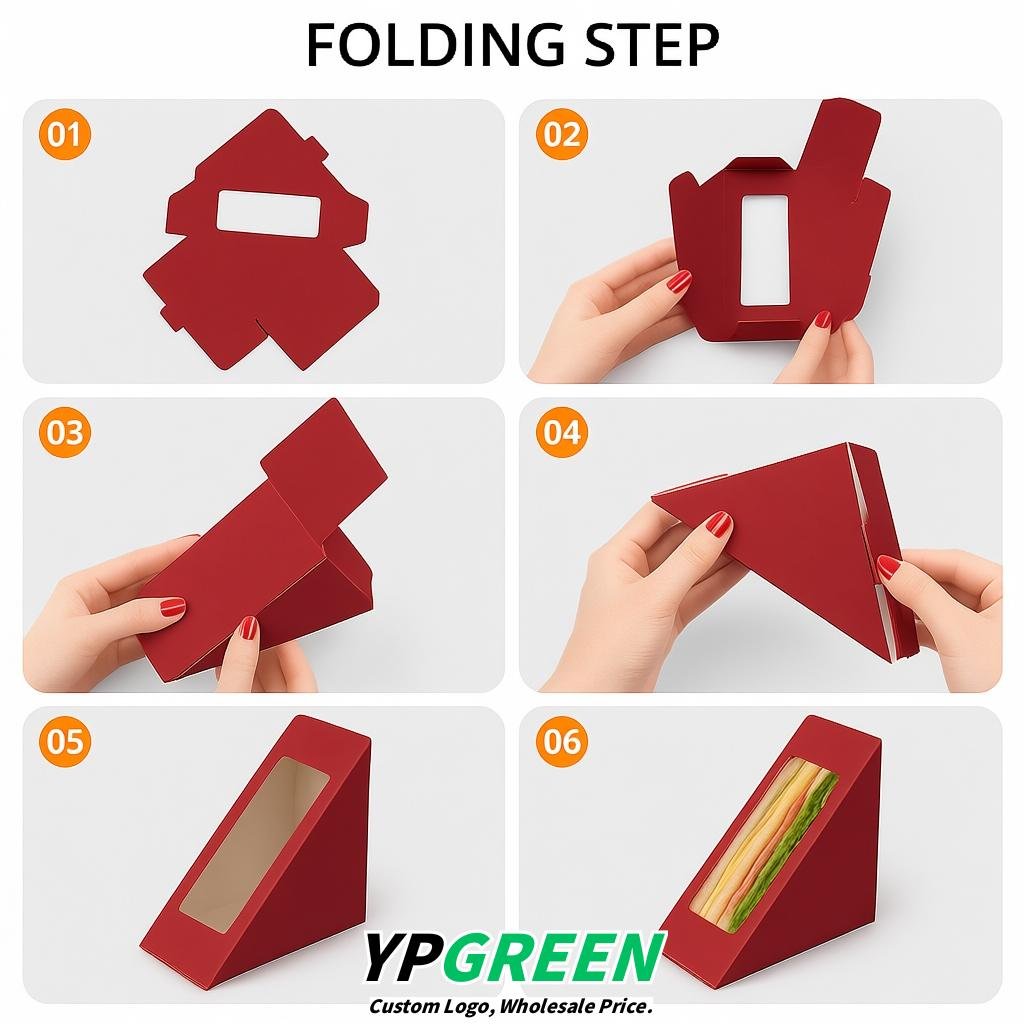 Carmine Triangle Paper Sandwich Boxes with Window 4.7x4.7x2.6 Inch - Factory Direct