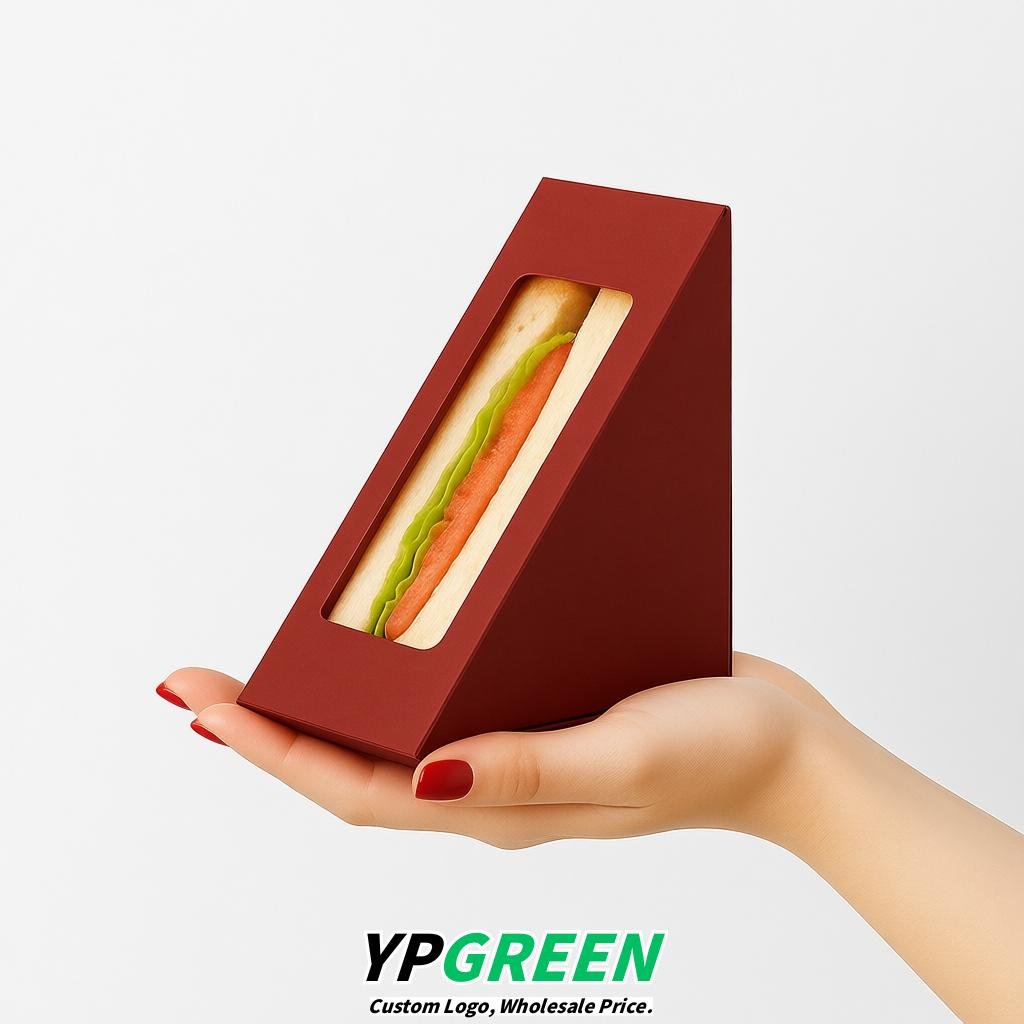 Carmine Triangle Paper Sandwich Boxes with Window 4.7x4.7x2.6 Inch - Factory Direct