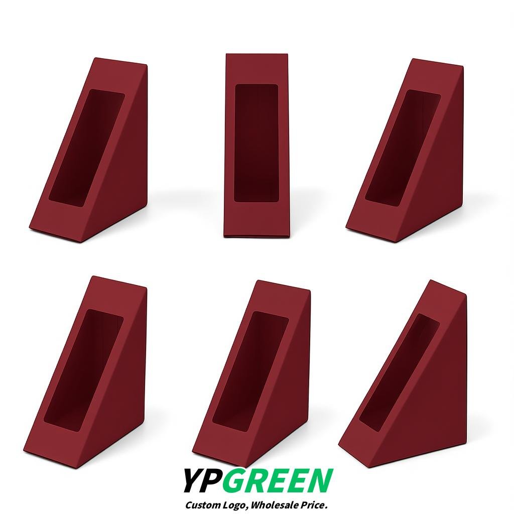 Carmine Triangle Paper Sandwich Boxes with Window 4.7x4.7x2.6 Inch - Factory Direct