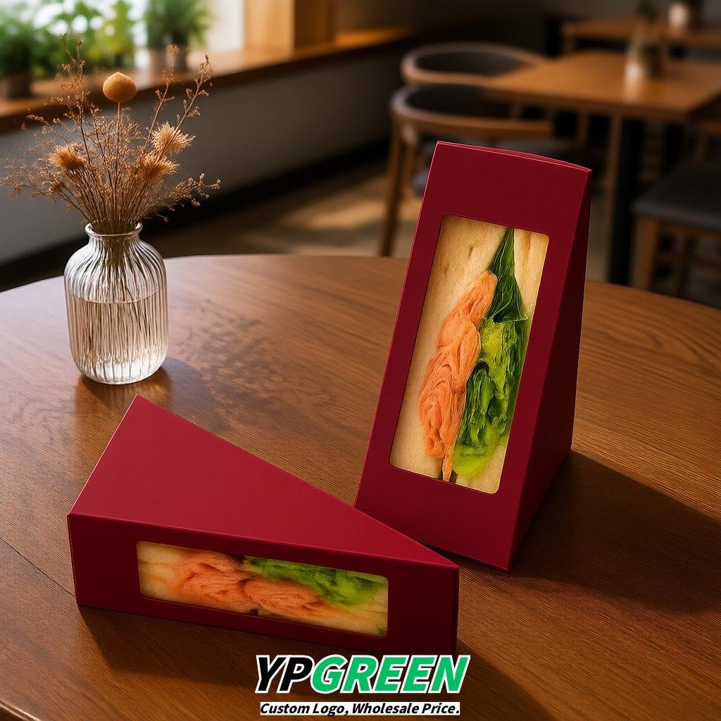 Carmine Triangle Paper Sandwich Boxes with Window 4.7x4.7x2.6 Inch - Factory Direct