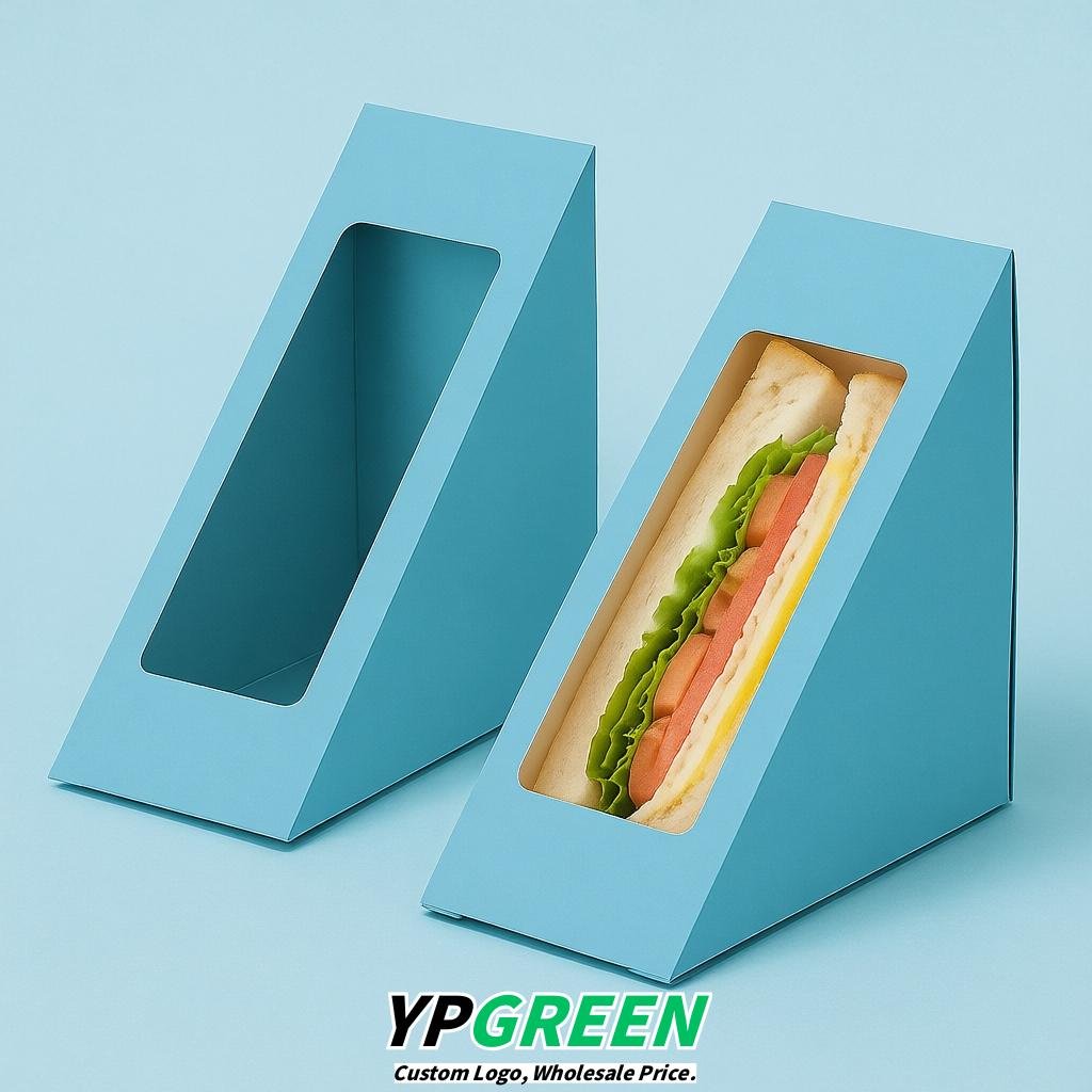 Cerulean Triangle Paper Sandwich Boxes with Window 4.7x4.7x2.6 Inch - Factory Direct