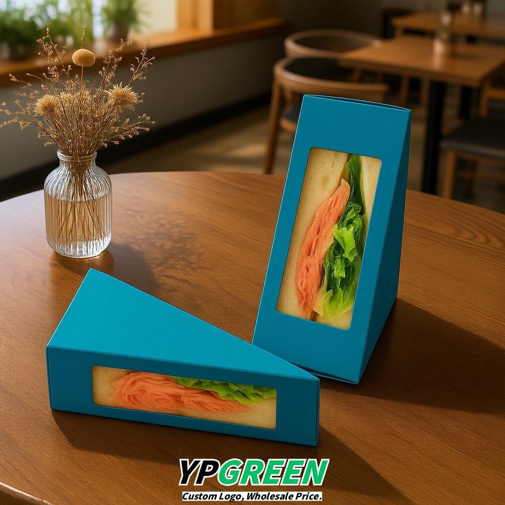 Cerulean Triangle Paper Sandwich Boxes with Window 4.7x4.7x2.6 Inch - Factory Direct