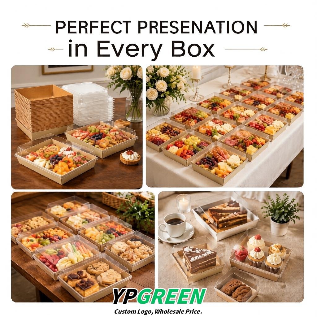 Champagne Charcuterie Boxes with Clear Lids - 4 inches & 5 inches Disposable Paper Square Food Containers