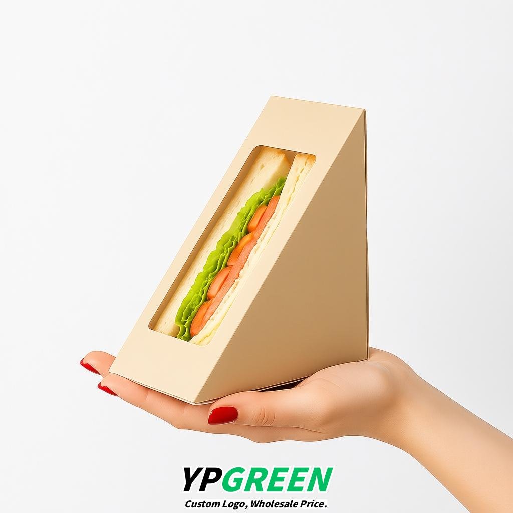 Champagne Triangle Paper Sandwich Boxes with Window 4.7x4.7x2.6 Inch - Factory Direct