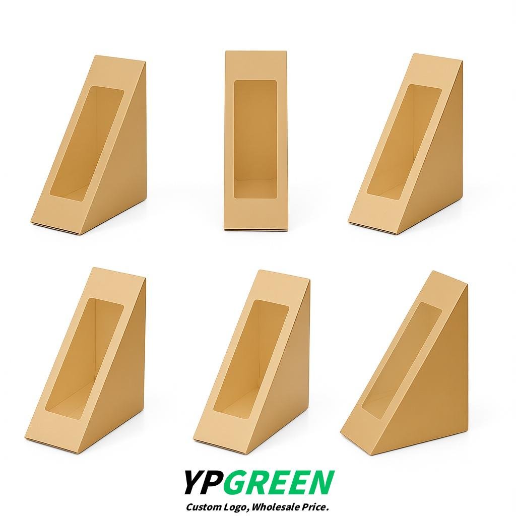 Champagne Triangle Paper Sandwich Boxes with Window 4.7x4.7x2.6 Inch - Factory Direct