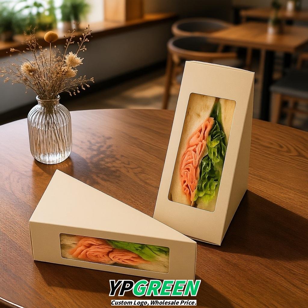 Champagne Triangle Paper Sandwich Boxes with Window 4.7x4.7x2.6 Inch - Factory Direct