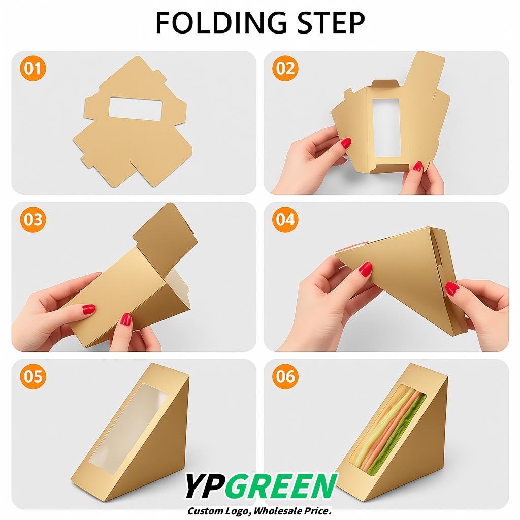 Champagne Triangle Paper Sandwich Boxes with Window 4.7x4.7x2.6 Inch - Factory Direct
