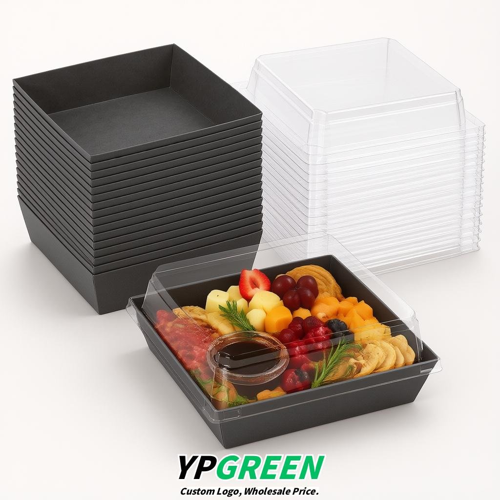 Charcoal Charcuterie Boxes with Clear Lids - 4 inches & 5 inches Disposable Paper Square Food Containers