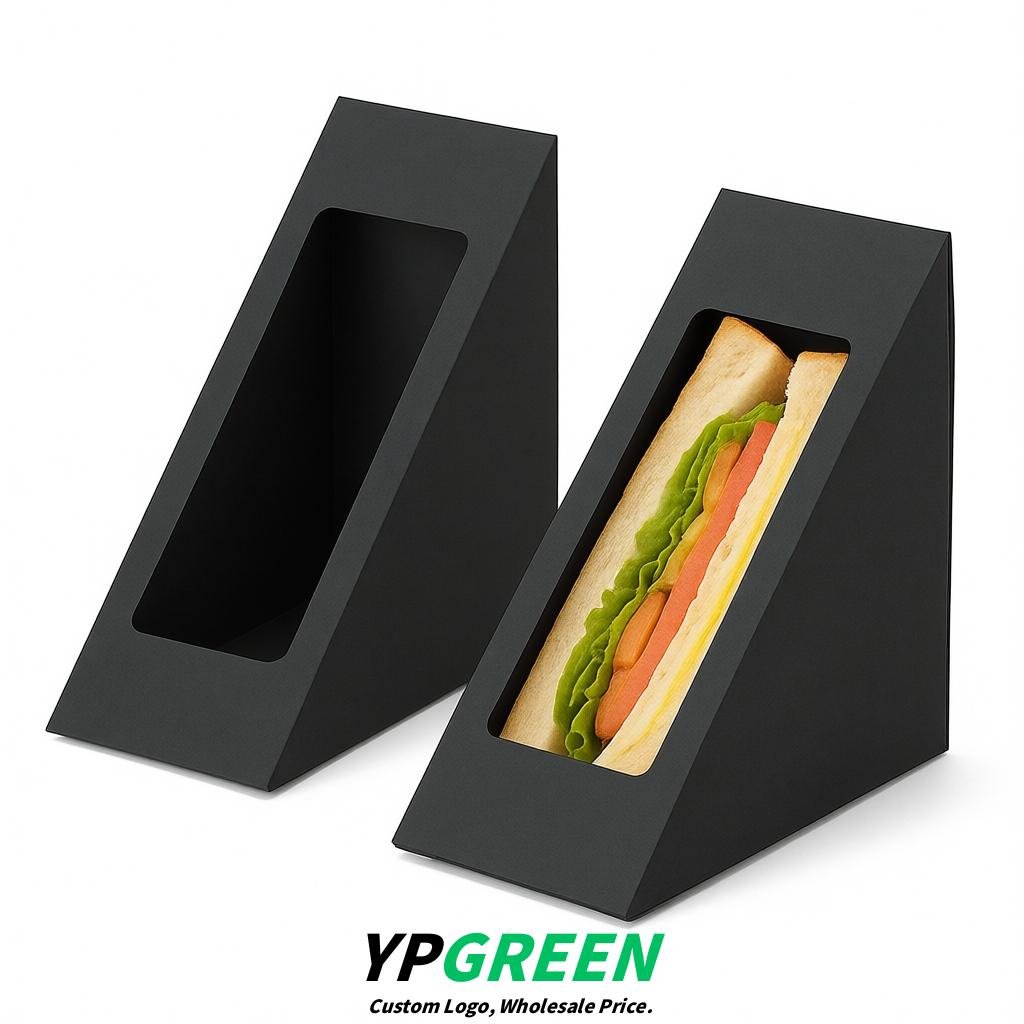 Charcoal Triangle Paper Sandwich Boxes with Window 4.7x4.7x2.6 Inch - Factory Direct