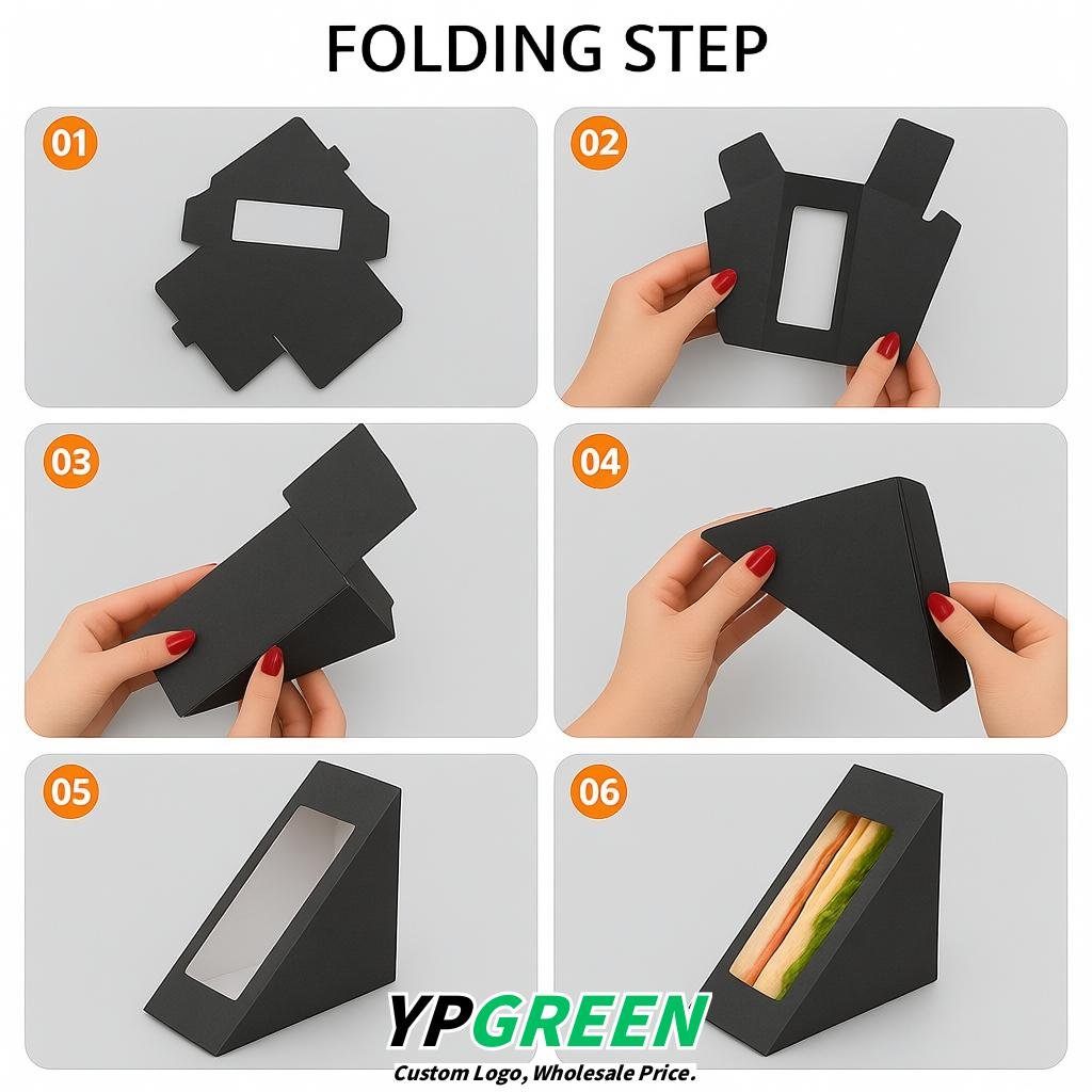 Charcoal Triangle Paper Sandwich Boxes with Window 4.7x4.7x2.6 Inch - Factory Direct
