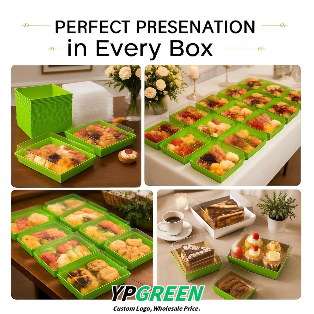 Chartreuse Charcuterie Boxes with Clear Lids - 4 inches & 5 inches Disposable Paper Square Food Containers