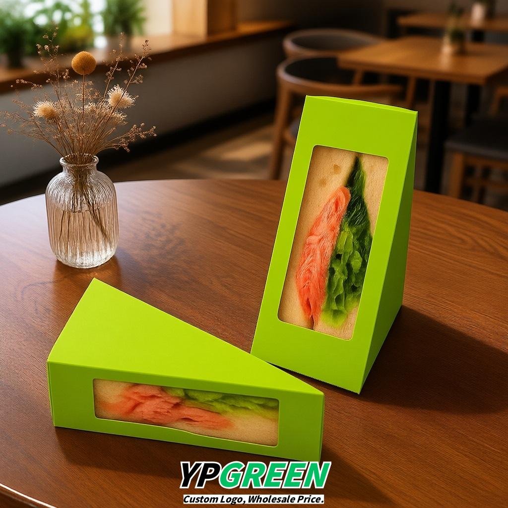 Chartreuse Triangle Paper Sandwich Boxes with Window 4.7x4.7x2.6 Inch - Factory Direct