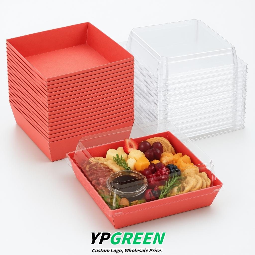 Coral Charcuterie Boxes with Clear Lids - 4 inches & 5 inches Disposable Paper Square Food Containers