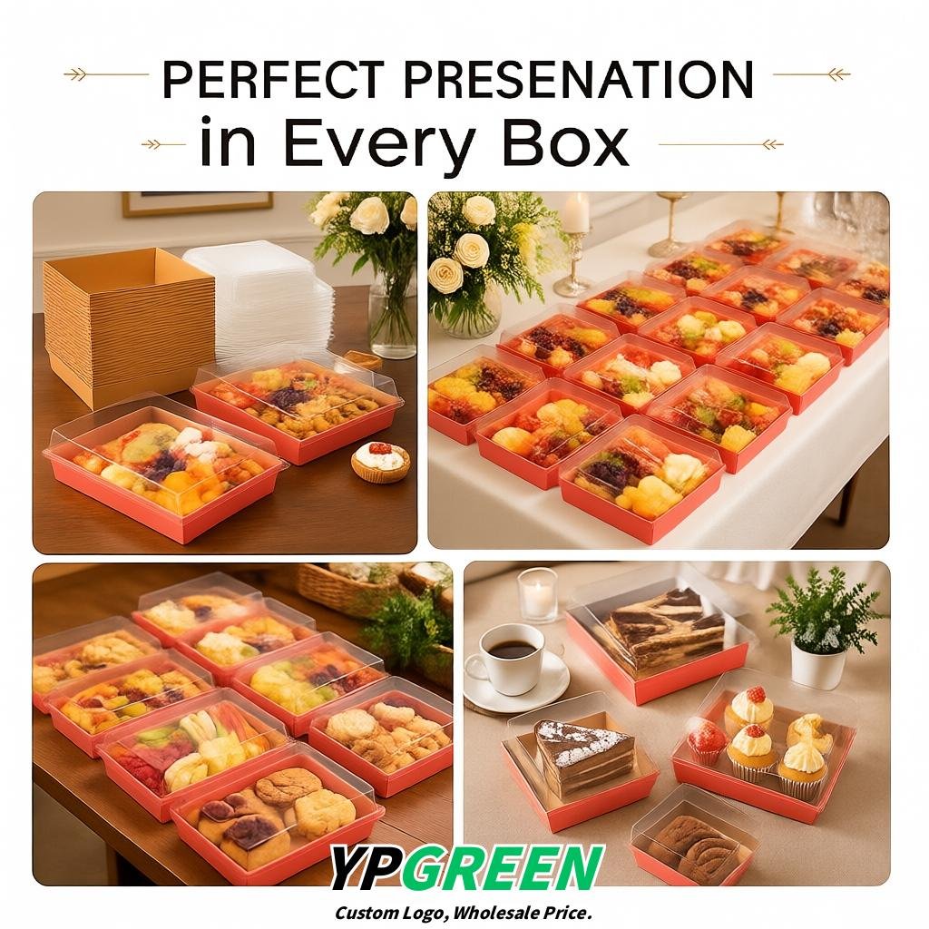 Coral Charcuterie Boxes with Clear Lids - 4 inches & 5 inches Disposable Paper Square Food Containers