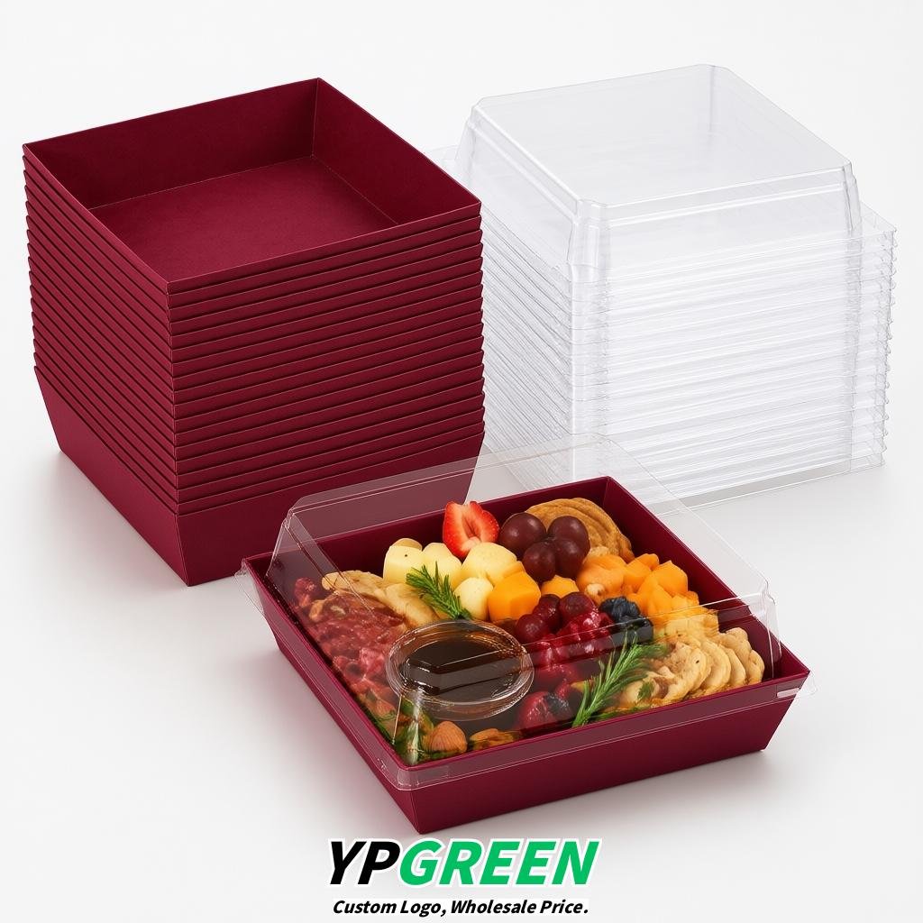 Crimson Charcuterie Boxes with Clear Lids - 4 inches & 5 inches Disposable Paper Square Food Containers