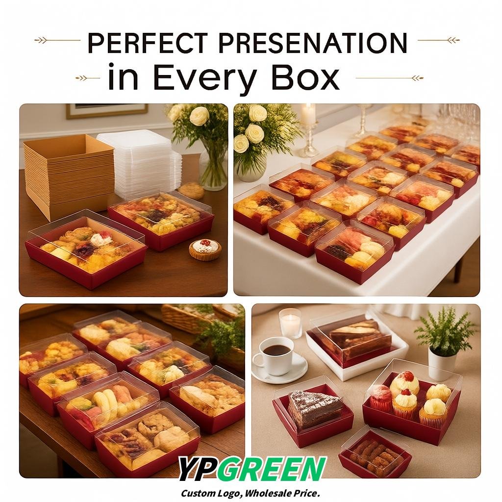 Crimson Charcuterie Boxes with Clear Lids - 4 inches & 5 inches Disposable Paper Square Food Containers