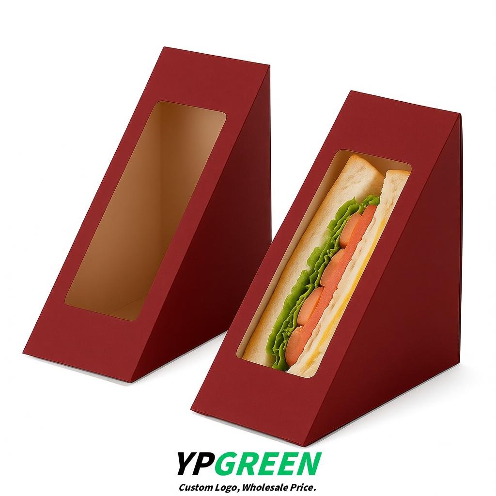 Crimson Triangle Paper Sandwich Boxes with Window 4.7x4.7x2.6 Inch - Factory Direct