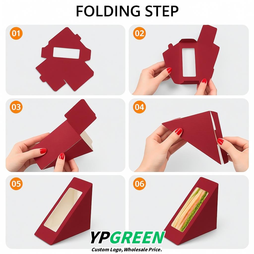 Crimson Triangle Paper Sandwich Boxes with Window 4.7x4.7x2.6 Inch - Factory Direct